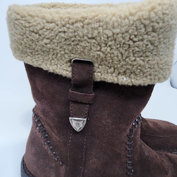 Minnetonka Brown Suede leather Winter Boots Womens 7 Faux Fur Lined Mid Calf - Picture 2 of 10